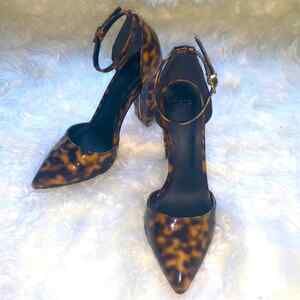 ASOS Ankle Strap Leopard Heels Buckle Patent Leather Pumps 7 Sexy Chic Brown